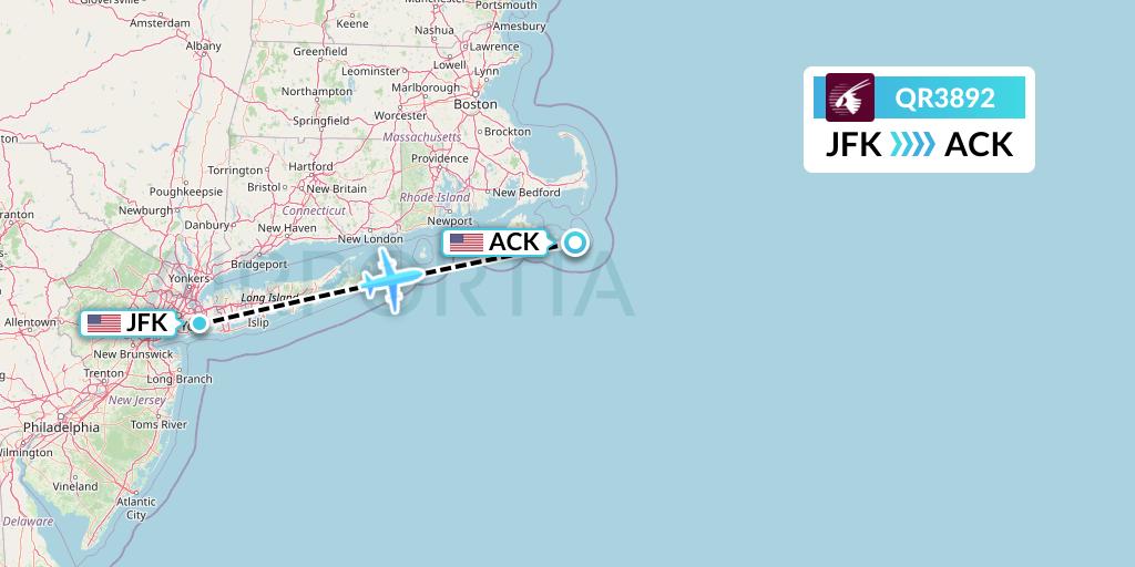 QR3892 Qatar Airways Flight Map: New York to Nantucket