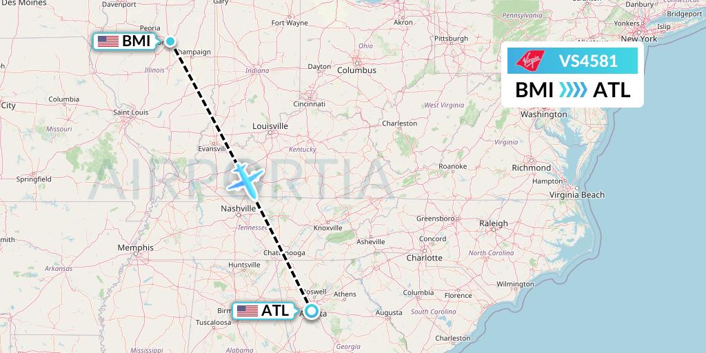 VS4581 Virgin Atlantic Airways Flight Map: Bloomington to Atlanta