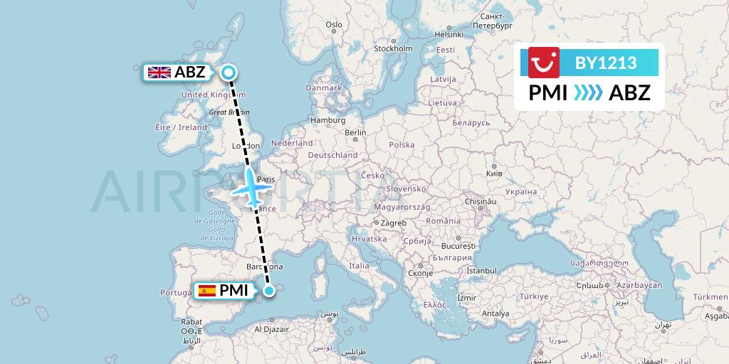 BY1213 TUI Airways Flight Map: Palma de Mallorca to Aberdeen