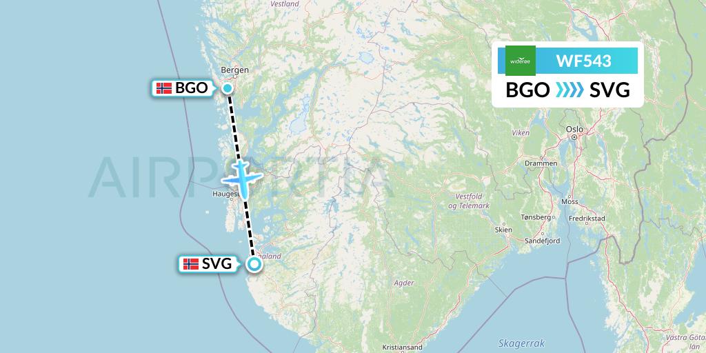 WF543 Wideroe Flight Map: Bergen to Stavanger