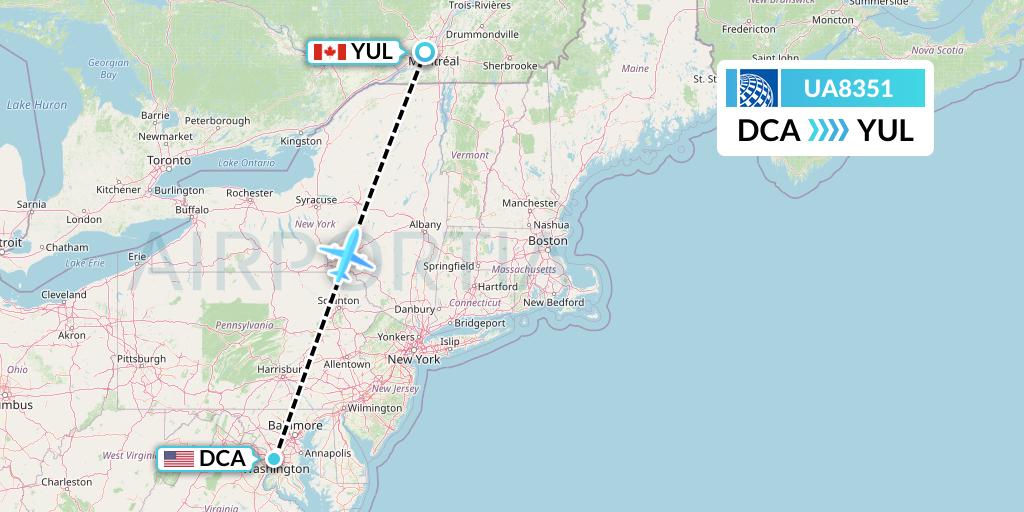 UA8351 United Airlines Flight Map: Washington to Montreal