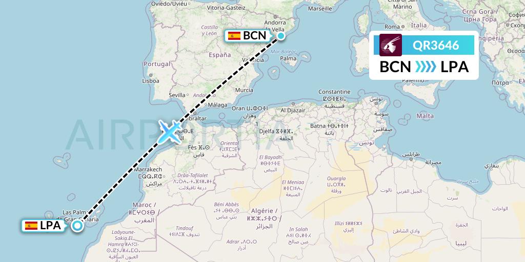QR3646 Qatar Airways Flight Map: Barcelona to Las Palmas