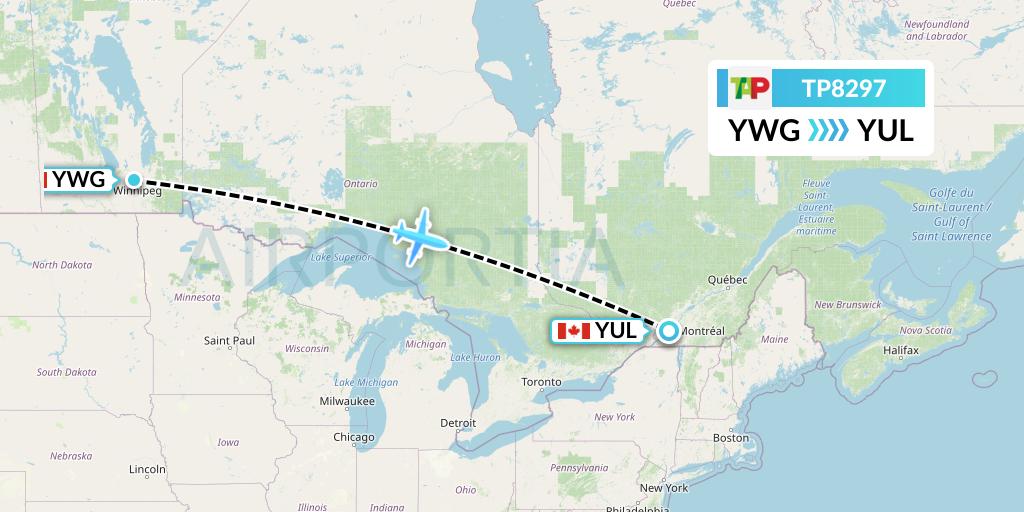TP8297 TAP Portugal Flight Map: Winnipeg to Montreal