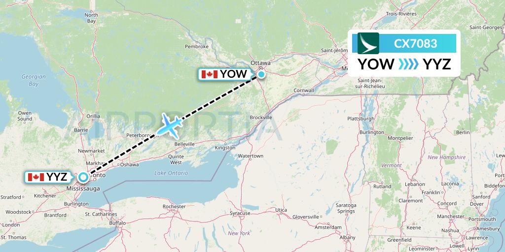 CX7083 Cathay Pacific Flight Map: Ottawa to Toronto
