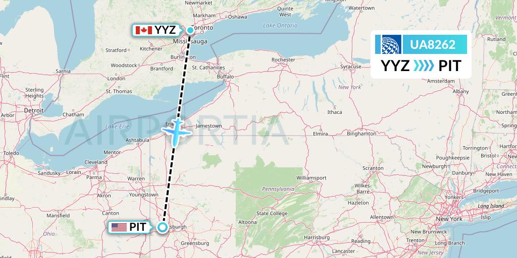 UA8262 United Airlines Flight Map: Toronto to Pittsburgh
