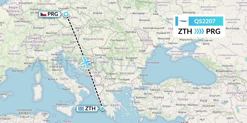 QS2207 Smartwings Flight Map: Zakynthos to Prague