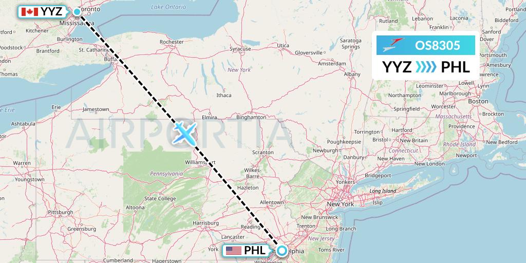OS8305 Austrian Airlines Flight Map: Toronto to Philadelphia