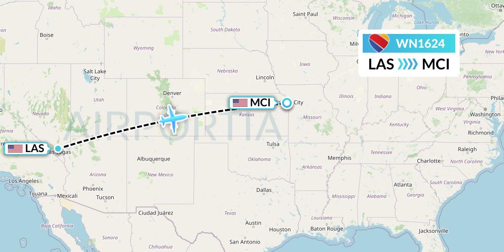 WN1624 Southwest Airlines Flight Map: Las Vegas to Kansas City