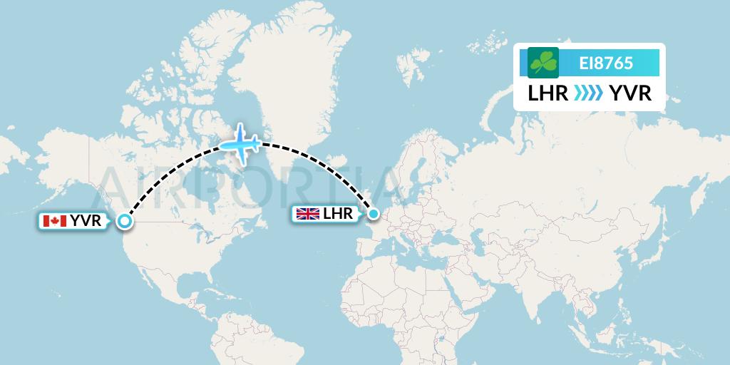 EI8765 Aer Lingus Flight Map: London to Vancouver