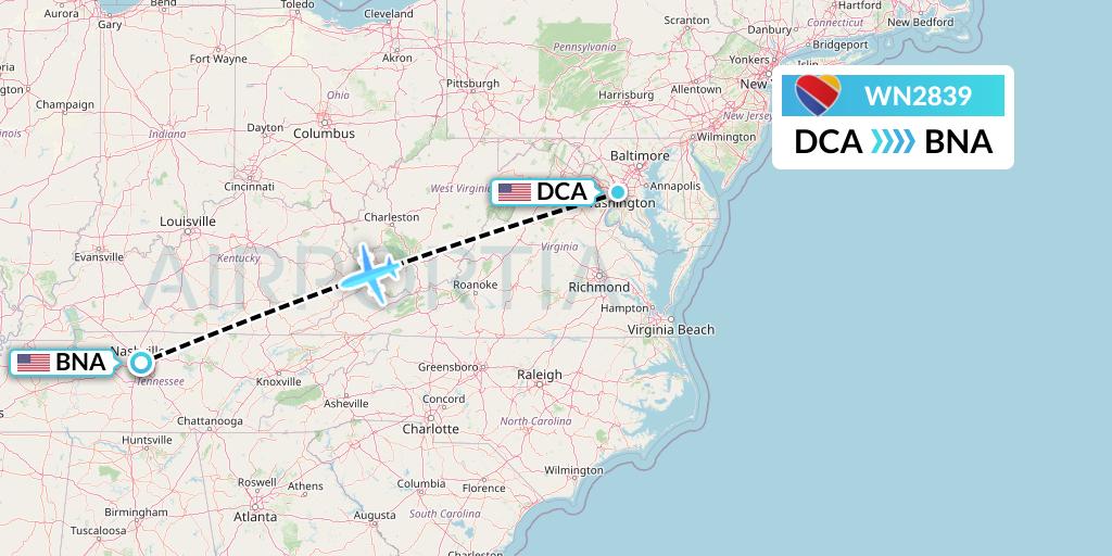 WN2839 Southwest Airlines Flight Map: Washington to Nashville