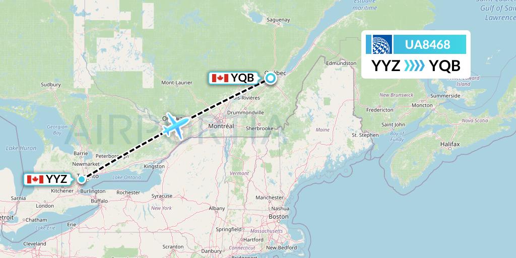 UA8468 United Airlines Flight Map: Toronto to Quebec