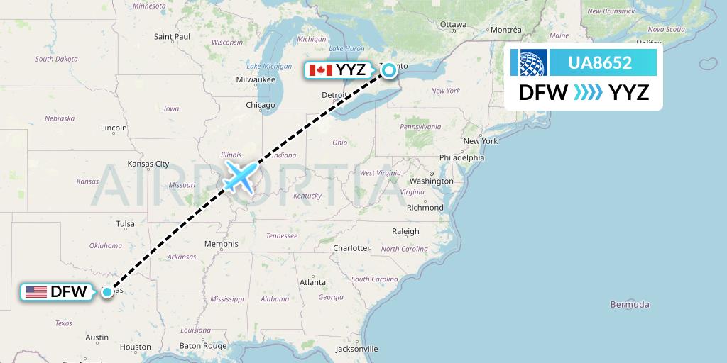 UA8652 United Airlines Flight Map: Dallas to Toronto