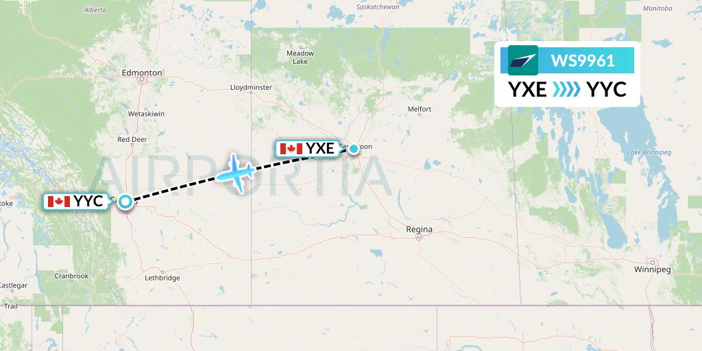 WS9961 WestJet Flight Map: Saskatoon to Calgary