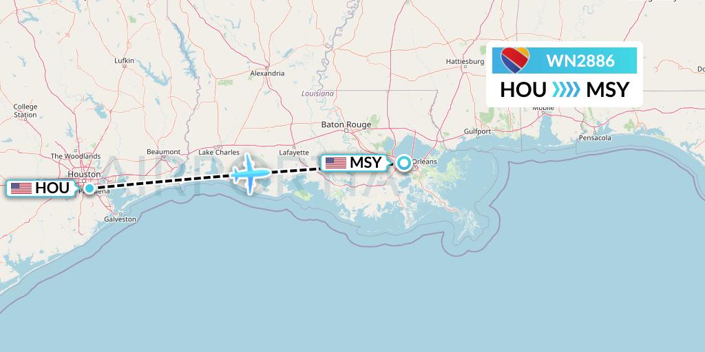 WN2886 Southwest Airlines Flight Map: Houston to New Orleans
