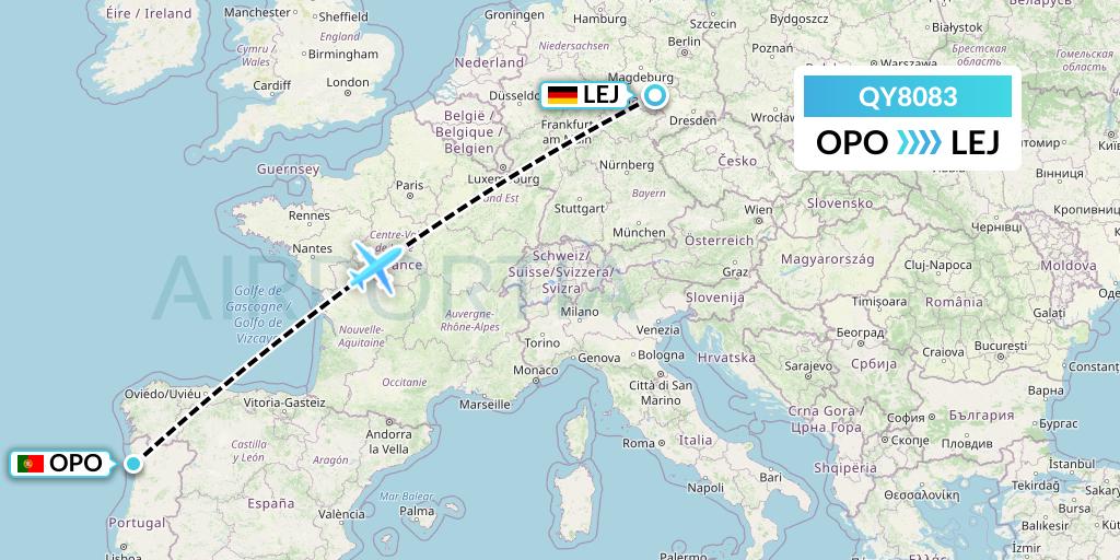 QY8083 European Air Transport Flight Map: Porto to Leipzig