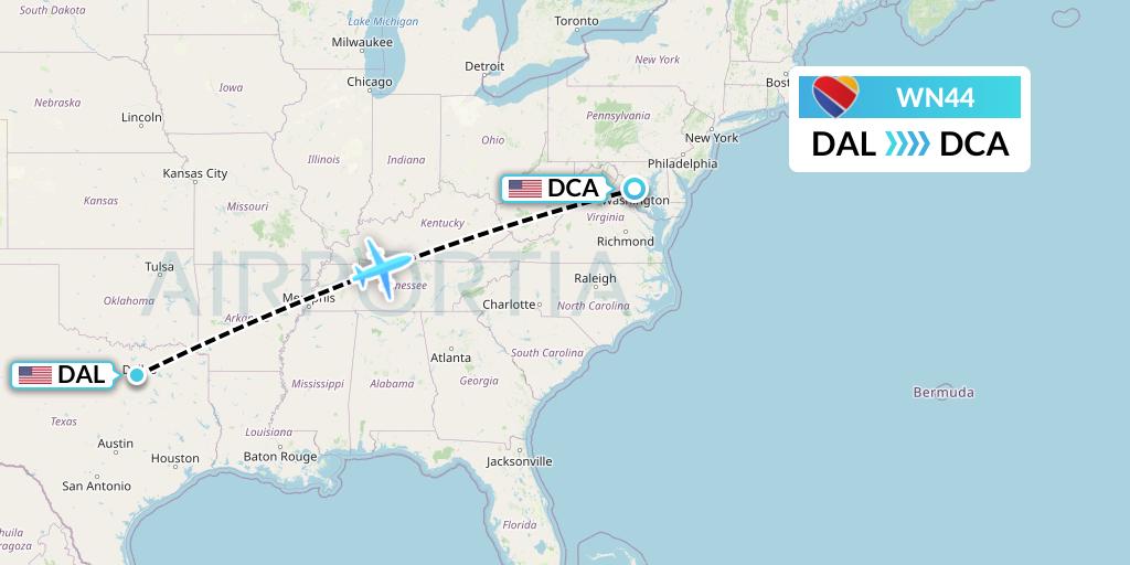 WN44 Southwest Airlines Flight Map: Dallas to Washington
