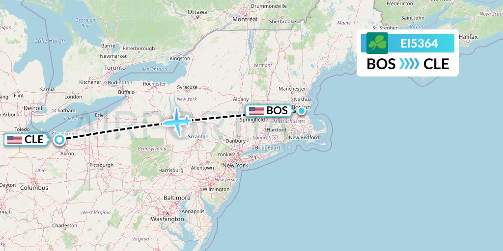 EI5364 Aer Lingus Flight Map: Boston to Cleveland