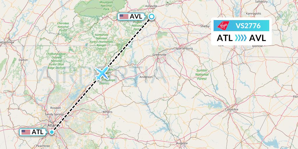 VS2776 Virgin Atlantic Airways Flight Map: Atlanta to Asheville
