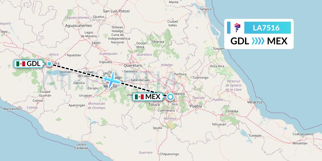 LA7516 LAN Airlines Flight Map: Guadalajara to Mexico City