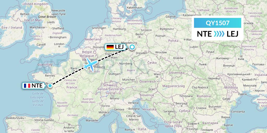 QY1507 European Air Transport Flight Map: Nantes to Leipzig