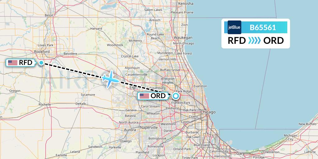 B65561 JetBlue Airways Flight Map: Chicago to Chicago