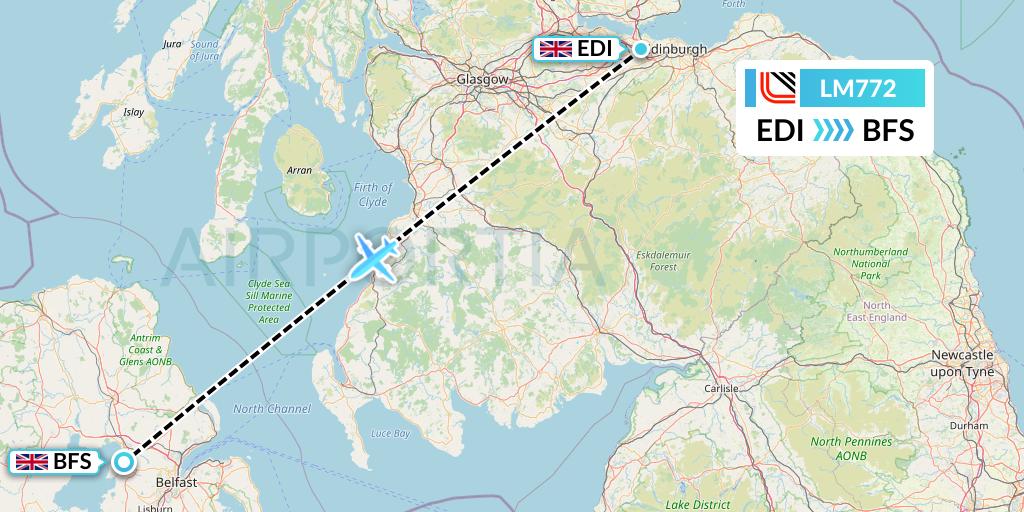LM772 Loganair Flight Map: Edinburgh to Belfast