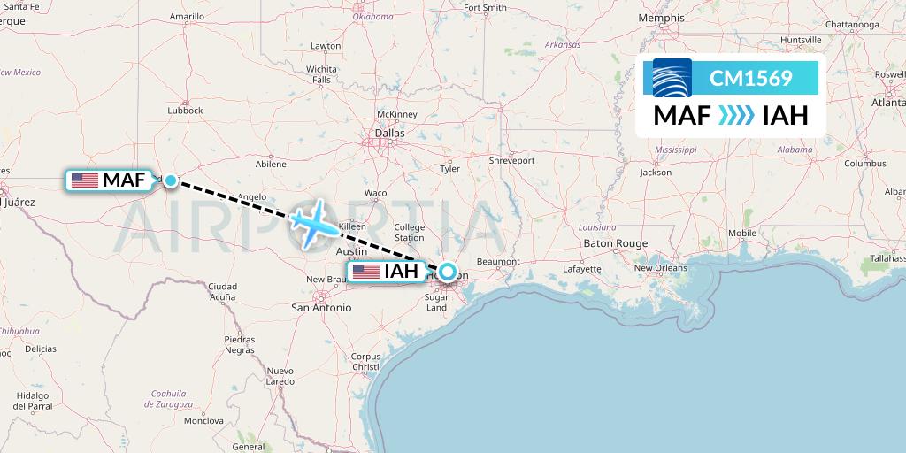CM1569 Copa Airlines Flight Map: Midland to Houston