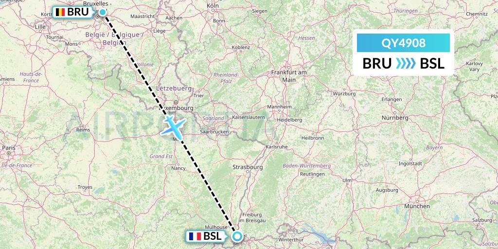 QY4908 European Air Transport Flight Map: Brussels to Basel