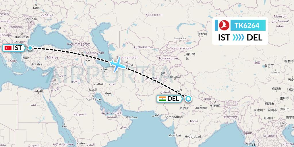 TK6264 Turkish Airlines Flight Map: Istanbul to Delhi