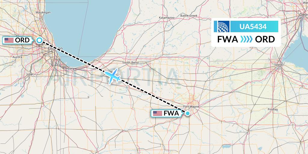 UA5434 United Airlines Flight Map: Fort Wayne to Chicago