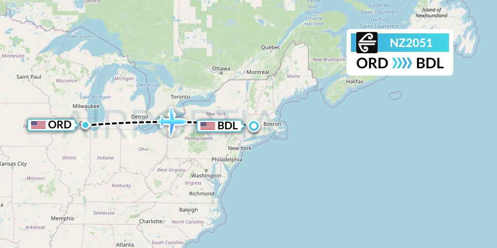 NZ2051 Air New Zealand Flight Map: Chicago to Windsor Locks