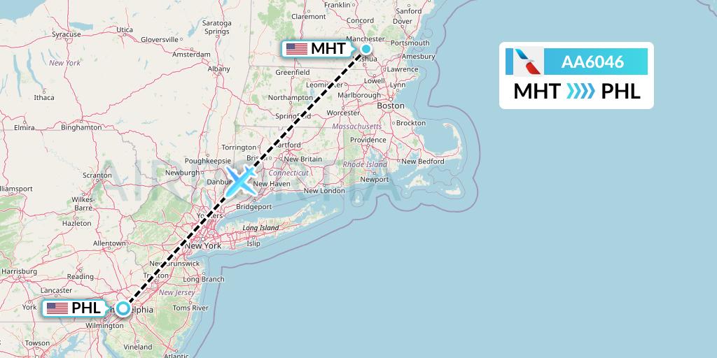 AA6046 American Airlines Flight Map: Manchester to Philadelphia