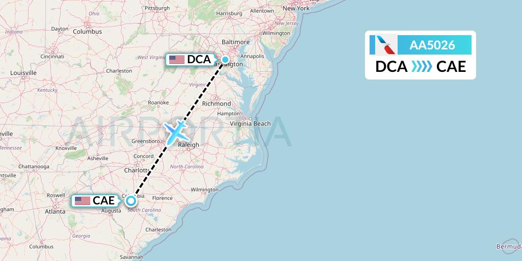 AA5026 American Airlines Flight Map: Washington to Columbia