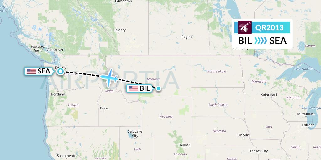 QR2013 Qatar Airways Flight Map: Billings to Seattle