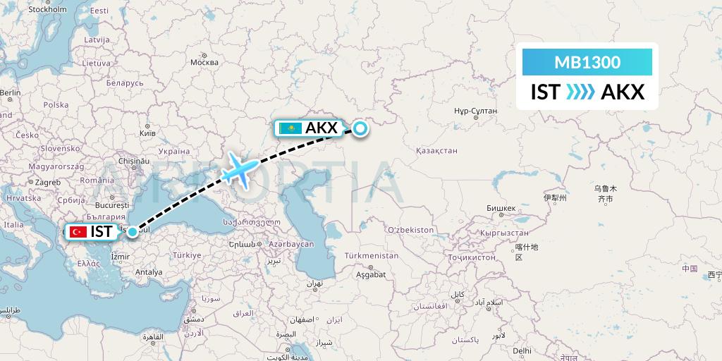 MB1300 MNG Airlines Flight Map: Istanbul to Aktobe
