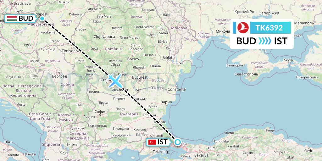 TK6392 Turkish Airlines Flight Map: Budapest to Istanbul