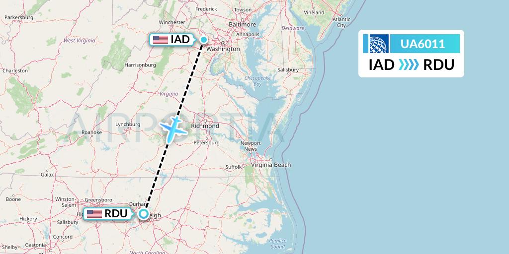 UA6011 United Airlines Flight Map: Washington to Raleigh-Durham