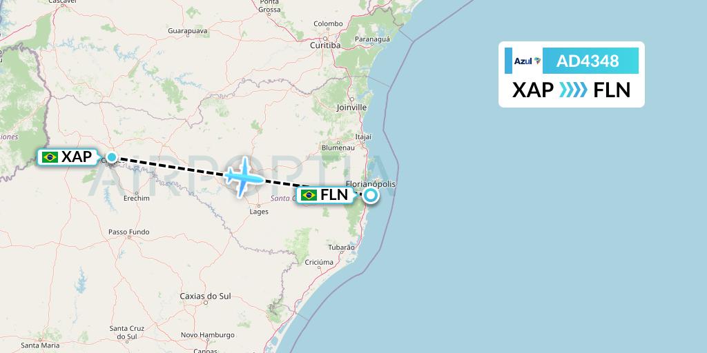 AD4348 Azul Brazilian Airlines Flight Map: Chapeco to Florianopolis