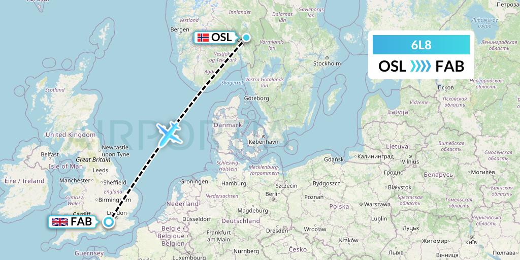 6L8 Aklak Air Flight Map: Oslo to Farnborough