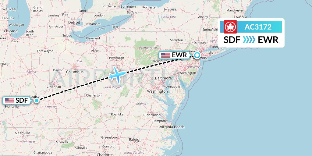 AC3172 Air Canada Flight Map: Louisville to New York