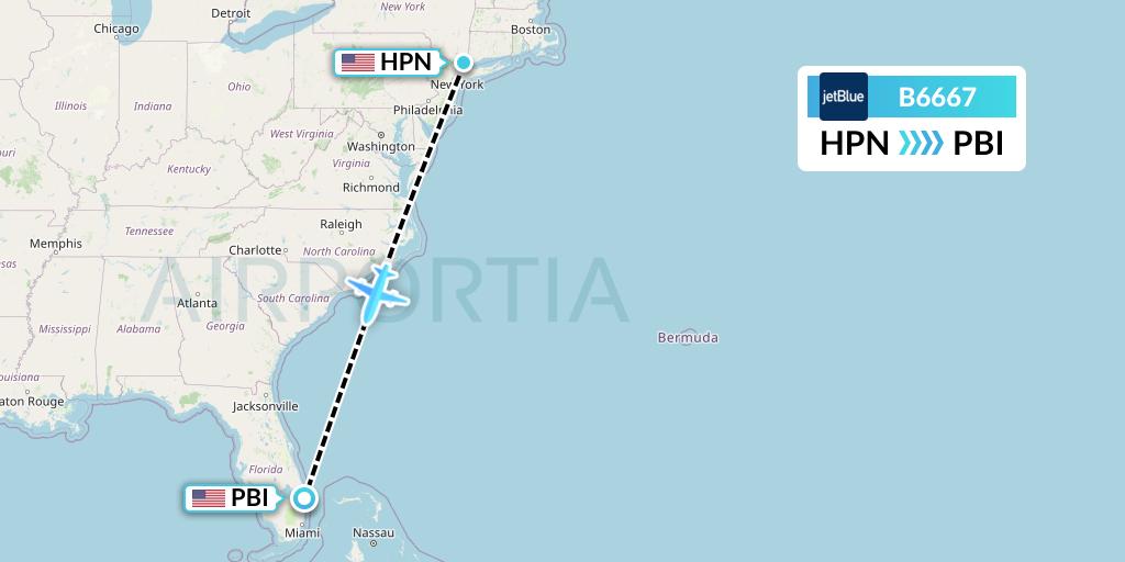 B6667 JetBlue Airways Flight Map: White Plains to West Palm Beach