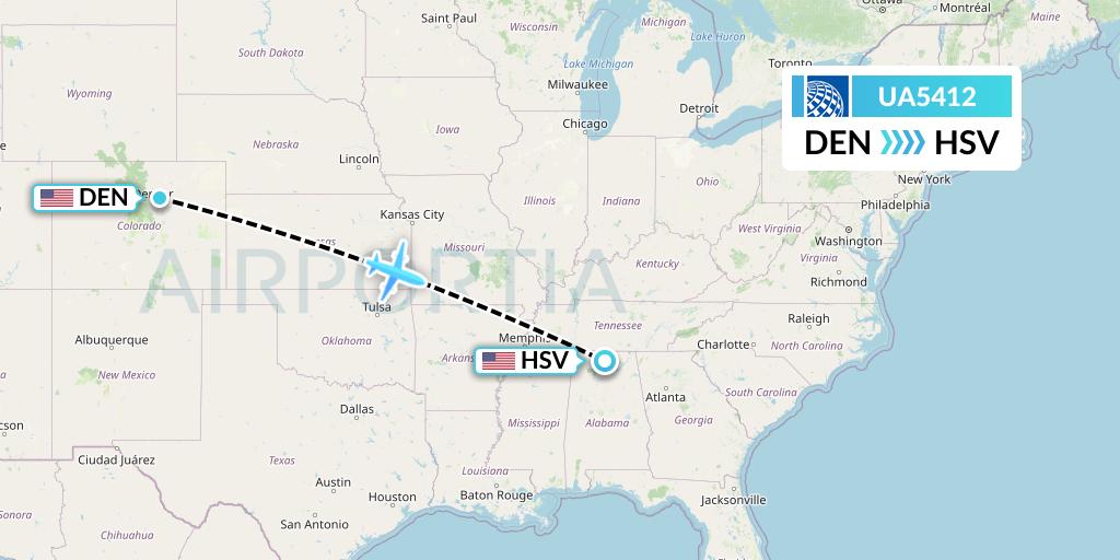 UA5412 United Airlines Flight Map: Denver to Huntsville