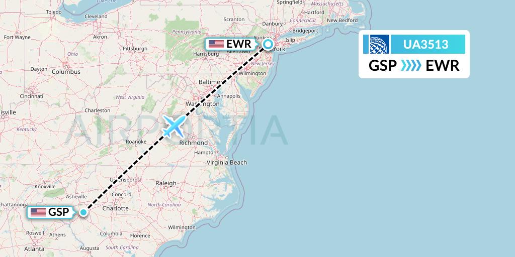 UA3513 United Airlines Flight Map: Greenville-Spartanburg to New York