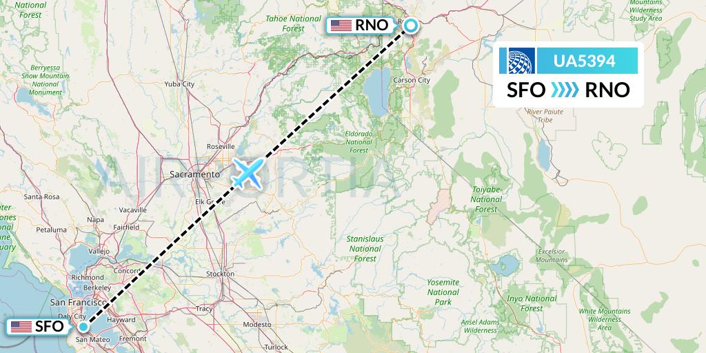 UA5394 United Airlines Flight Map: San Francisco to Reno