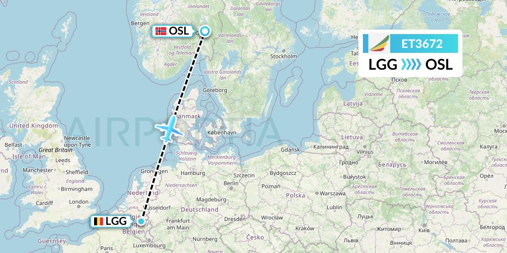 ET3672 Ethiopian Airlines Flight Map: Liege to Oslo
