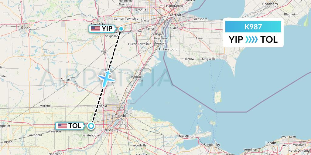 K987 Kalitta Charters Flight Map: Detroit to Toledo