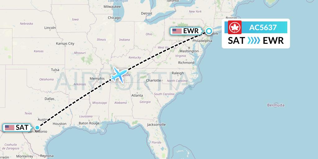 AC5637 Air Canada Flight Map: San Antonio to New York