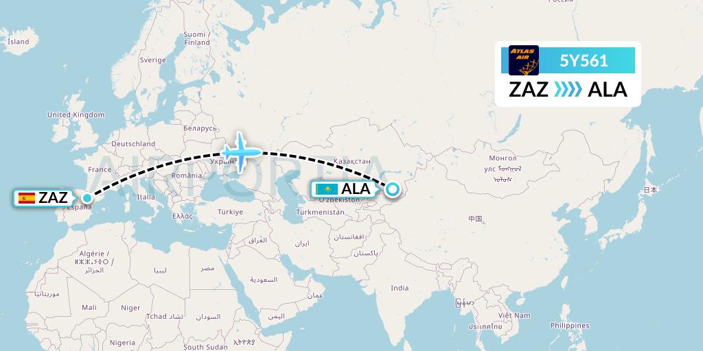5Y561 Atlas Air Flight Map: Zaragoza to Almaty