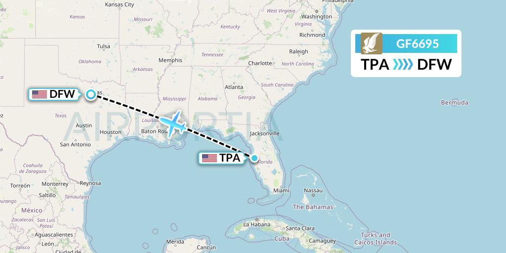GF6695 Gulf Air Flight Map: Tampa to Dallas