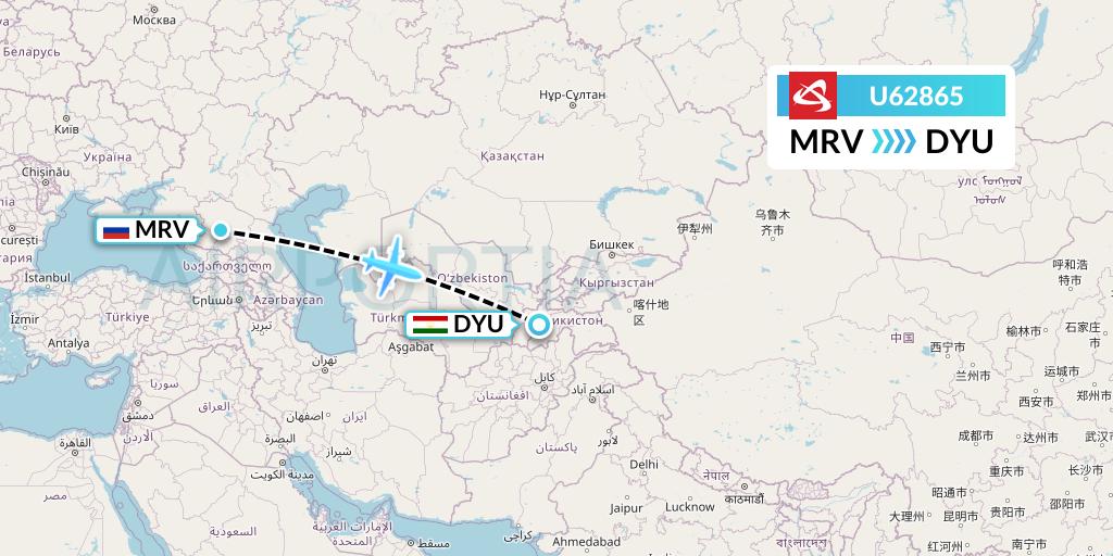 U62865 Ural Airlines Flight Map: Mineralnye Vody to Dushanbe